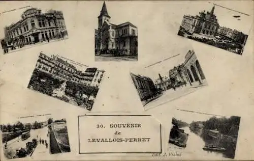 Ak Levallois Perret Hauts de Seine, Stadtansichten, Kirche, Fluß, Gebäude