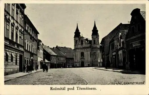 Ak Rožmitál pod Třemšínem Rožmital Rosenthal Mittelböhmen, Stadtansicht, zwei Türme, Straßenan...