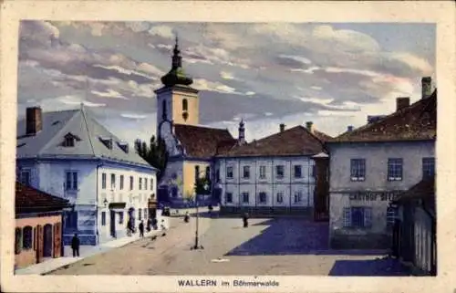 Ak Volary Wallern Südböhmen, Straßenpartie, Kirche, Gasthof