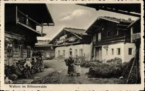 Ak Volary Wallern Südböhmen, Schwarzwald Gebäude, zwei Personen, Holzstapel, ländliche Szene