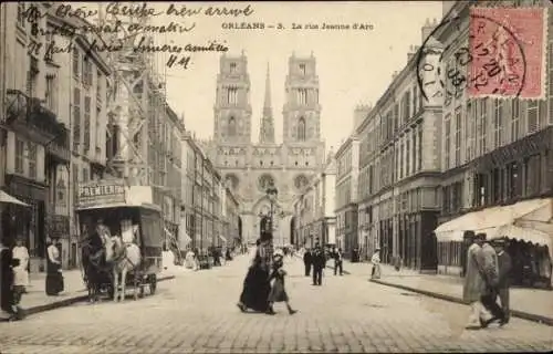Ak Orléans Loiret, Straße Jeanne d'Arc, Kathedrale,  Architektur, Stadtleben, 