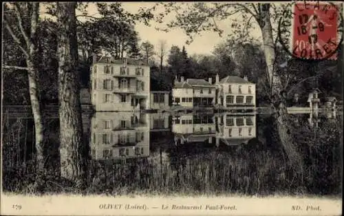 Ak Olivet Loiret, Blick auf Restaurant Paul-Foret, Gebäude spiegelt im Wasser, Naturumgebung