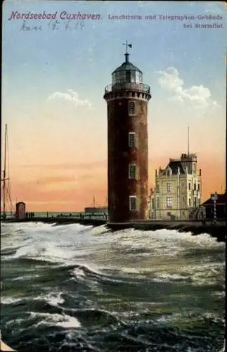 Ak Nordseebad Cuxhaven, Leuchtturm und Telegraphen-Gebäude, Sturmflut, Nordseebad