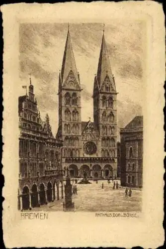 Ak Hansestadt Bremen, Historisches Rathaus, zwei Türme, Menschen, Stadtansicht