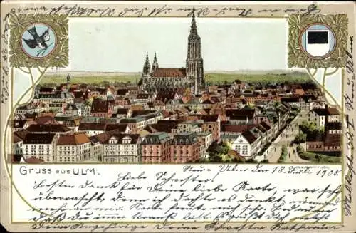Wappen Litho Ulm an der Donau, Panorama, Münster, Spatz