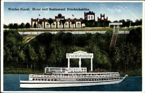 Ak Werder Havel, Blick auf das Hotel und Restaurant Friedrichshöhe, Schiff