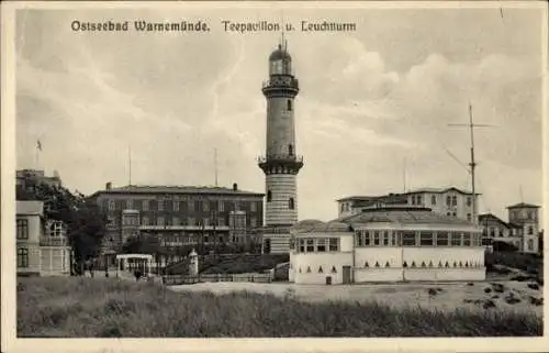 Ak Ostseebad Warnemünde Rostock, Teepavillon und Leuchtturm