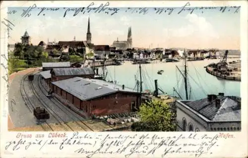 Ak Hansestadt Lübeck, Landschaft mit Hafen, Gebäude und Schiffen, Grüße aus Lübeck