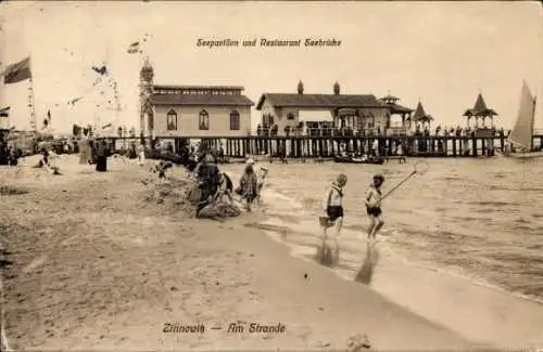 Ak Ostseebad Zinnowitz auf Usedom, Seepavillon und Restaurant Seebrücke, Jungen am Strand, Boote 