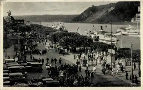 Ak Koblenz am Rhein, Rheinpromenade mit Schiffen, viele Menschen, 1910