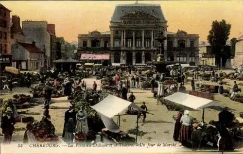 Ak Cherbourg en Cotentin Manche, Markt auf der Place du Château, Menschen, Stände mit Waren,  Geb