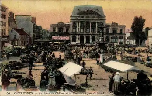 Ak Cherbourg en Cotentin Manche, Marktszene, Theater,  Architektur, Menschenmenge, Marktstände