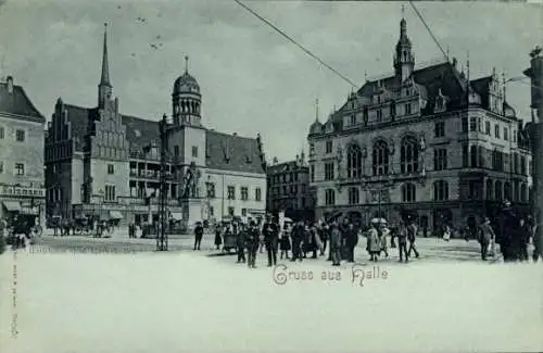 Ak Halle an der Saale, Stadtansicht,  Gebäude, Menschenmenge, 
