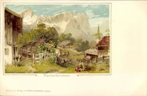 Ak Garmisch Partenkirchen in Oberbayern, Landschaft mit Bergen, Bauernhäusern, Kinder spielend, B