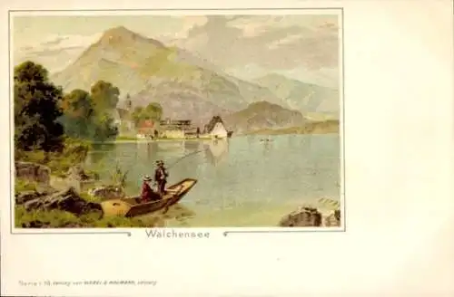 Litho Walchensee Kochel am See, Panorama, Ruderboot, Angler