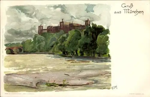 Künstler Ak Kley, Heinrich, München, Maximiliansbrücke, Maximilianeum