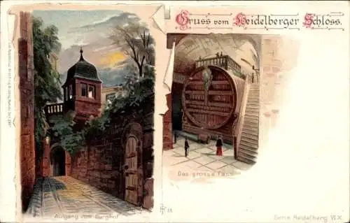 Ak Heidelberg am Neckar, Aufgang vom Burghof, Das große Fass, Heidelberger Schloss