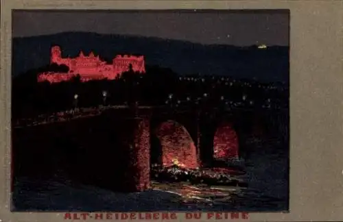 Ak Heidelberg am Neckar, Nachtansicht der Altstadt, Heidelberg Castle, rote Beleuchtung