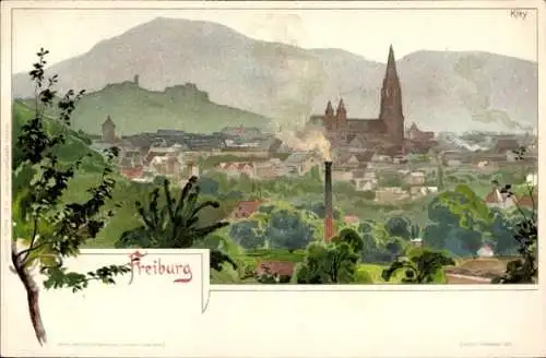 Künstler Litho Kley, Freiburg im Breisgau, Blick über die Dächer der Stadt, Kirche