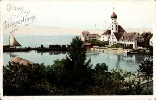 Ak Wasserburg am Inn Oberbayern, Ansicht  See, Gebäude, Segelboot, Felsen