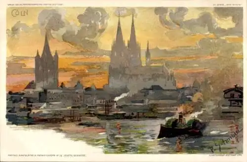 Ak Köln am Rhein, Stadtansicht  Dom, Rhein, Boote, Wolken