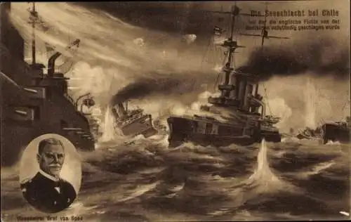 Künstler Ak Seeschlacht bei Chile, Deutsches Kriegsschiff, Vizeadmiral Graf von Spee, Kaiser. Marine