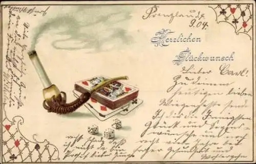 Präge Ak Fröhliches Neujahr, Spielkarten, Würfel, Zigarette mit Halter