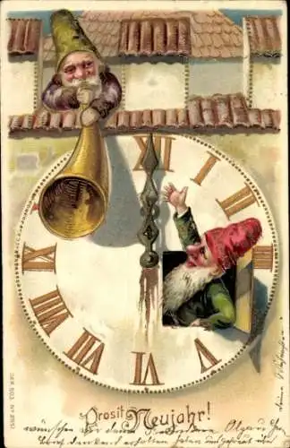 Litho Glückwunsch Neujahr, Zwerge, Uhr