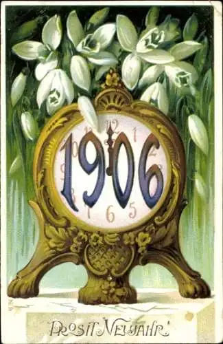Litho Glückwunsch Neujahr, Uhr, Jahreszahl 1906