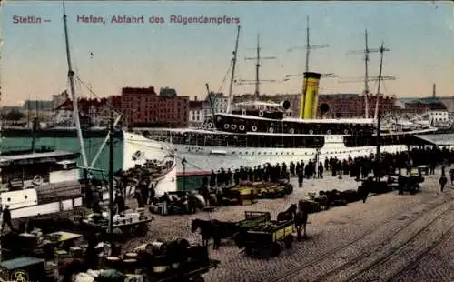 Ak Szczecin Stettin Pommern, Hafen, Abfahrt des Rügendampfers, Dampfer, Hafenansicht