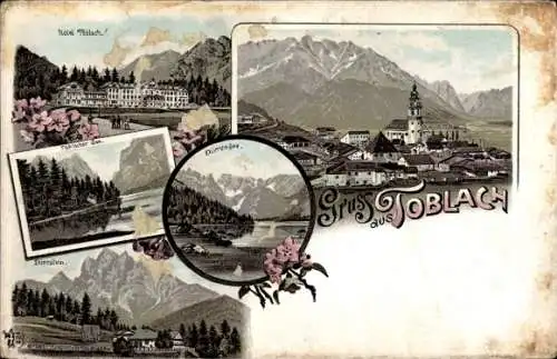 Ak Toblach Dobbiaco Südtirol, Berge, Hotel Titlach, Blick auf die Stadt, Gebirgsseen