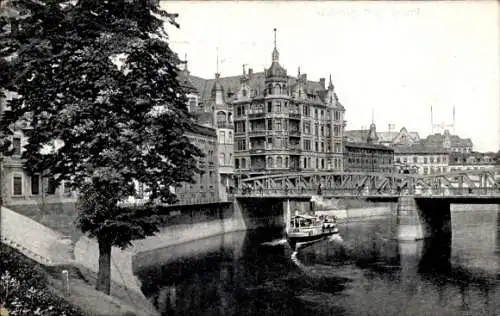 Ak Poznań Posen, Brücke, Gebäude, Boot auf dem Wasser, Baum