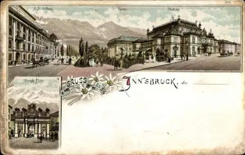 Ak Innsbruck Tirol, Patscherkofel, Hofburg, Theater, Triumphbogen, Berge im Hintergrund, Alpen
