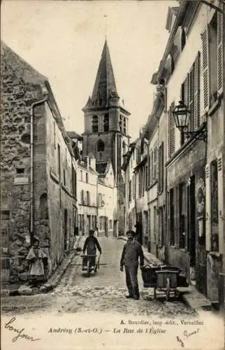 Ak Andrésy Yvelines, Rue de l'Église,  Straße, Kirchturm, alte Architektur