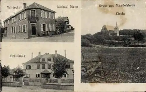 Ak Mundolsheim Elsass Bas Rhin, Kirche, Schule, Wirtschaft Michael Mehn