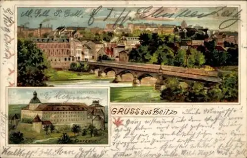Künstler Litho Dutzauer, M., Zeitz an der Weißen Elster, Schloss Moritzburg, Brücke