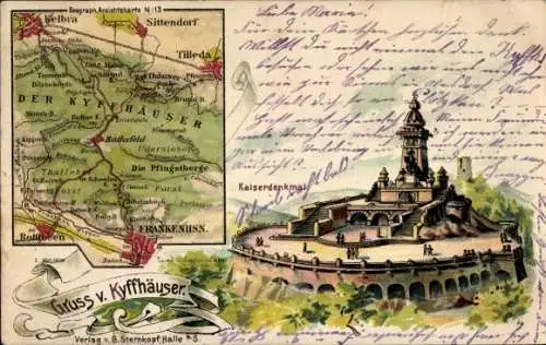 Landkarten Litho Steinthaleben Kyffhäuserland in Thüringen, Kyffhäuser, Kaiser Wilhelm Denkmal