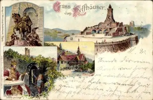 Litho Steinthaleben Kyffhäuserland in Thüringen, Kaiser Wilhelm Denkmal, Barbarossa