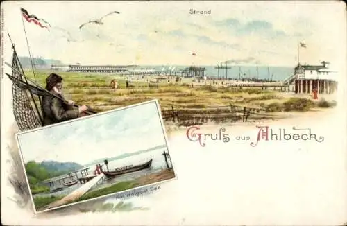 Litho Ostseebad Ahlbeck Heringsdorf Usedom, Strand, Am Wolgastsee, Fischer,Seebrücke