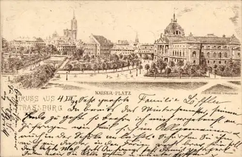 Ak Strasbourg Straßburg Elsass Bas Rhin, Kaiserplatz,   Architektur, Spaziergänger, Bäume, Park