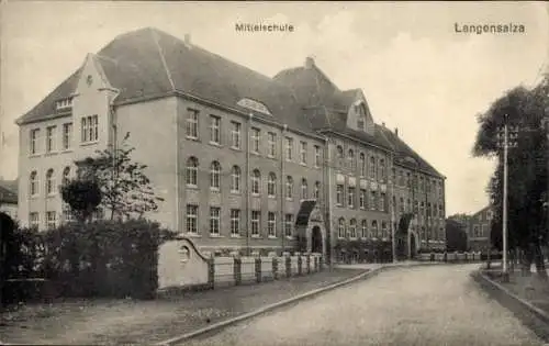 Ak Bad Langensalza in Thüringen, Gebäude der Mittelschule,  Architektur, Straße, Bäume