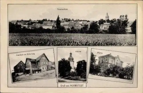 Ak Wormstedt Saaleplatte Thüringen, Gasthof zur Erholung, Kirche, Pfarre, Totalansicht von Ort