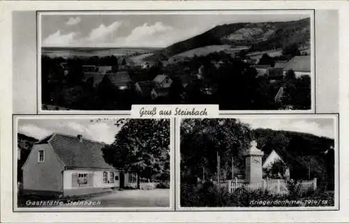 Ak Steinbach Moritzburg in Sachsen, Gaststätte  Landschaftsbild, Kriegerdenkmal 1914/18, Gruß aus