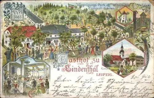 Litho Lindenthal Leipzig, Gasthof, Vergnügungs-Park und Windmühle, Café, Schule, Kirche