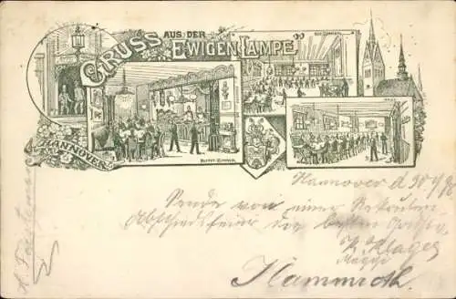 Litho Hannover, Gasthaus zur Ewigen Lampe, Innenansichten, Wappen, Inh. Julius Bockhold