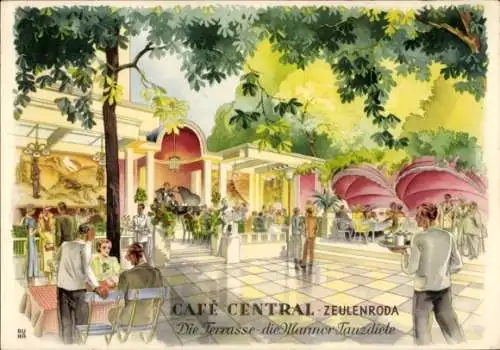 Ak Zeulenroda in Thüringen, Café Central, Terrasse, Marmor Tanzdiele, Menschen, Bäume