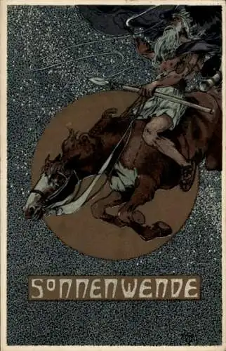 Künstler Litho Sonnenwende, Odin auf seinem Pferd Sleipnir, Wotan