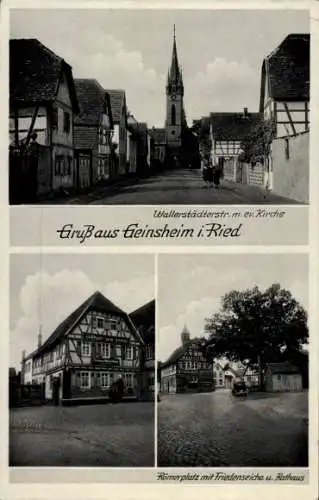Ak Geinsheim Trebur am Rhein Hessen, Wallerstädterstraße, ev. Kirche, Römerplatz, Friedenseiche