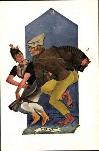 Künstler Ak Stryjenska, La Polka, Paar in polnischen Trachten, Tänzer