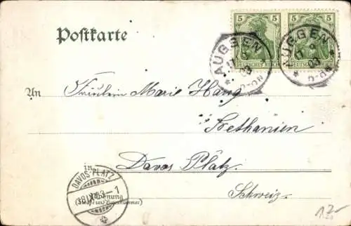 Litho Auggen in Baden, Gesamtansicht, Frau in Tracht, Rathaus, Kriegerdenkmal